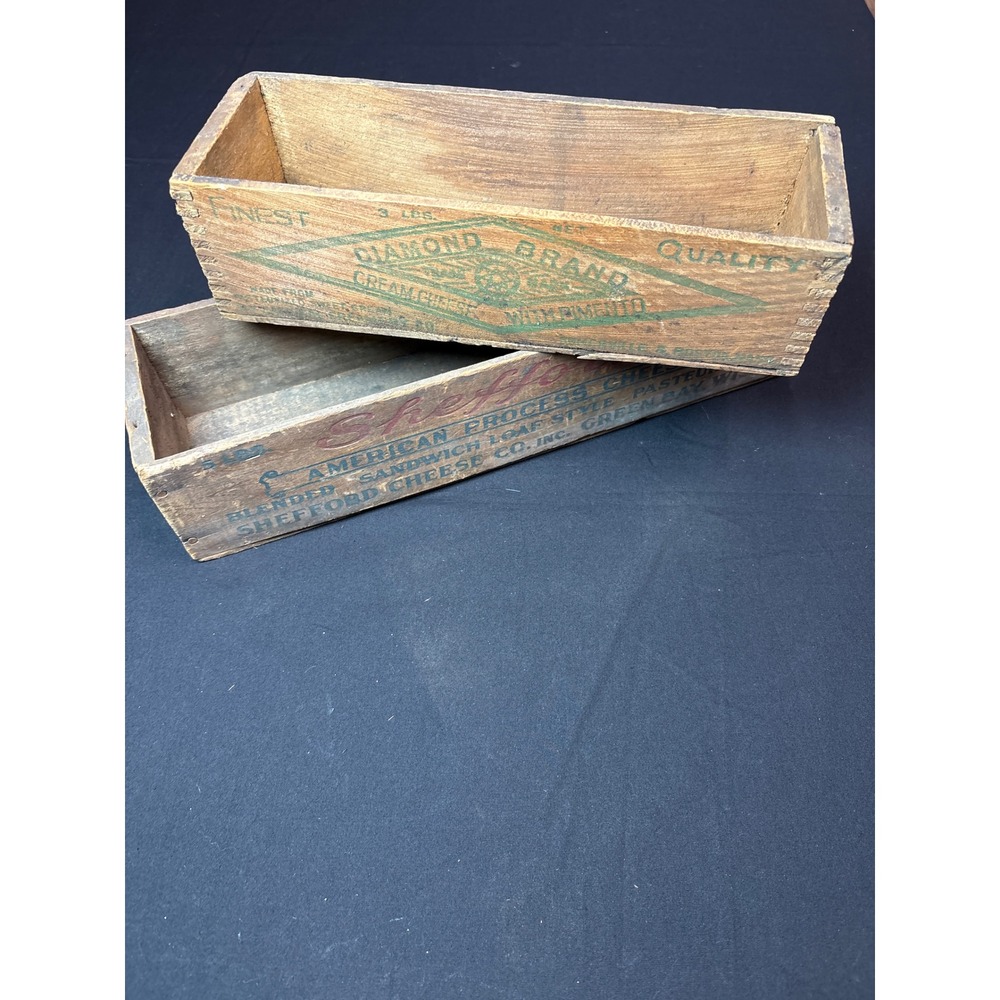 Vintage Shefford & Diamond Brand Wooden Cheese Crates Set of 2 Farmhouse Decor